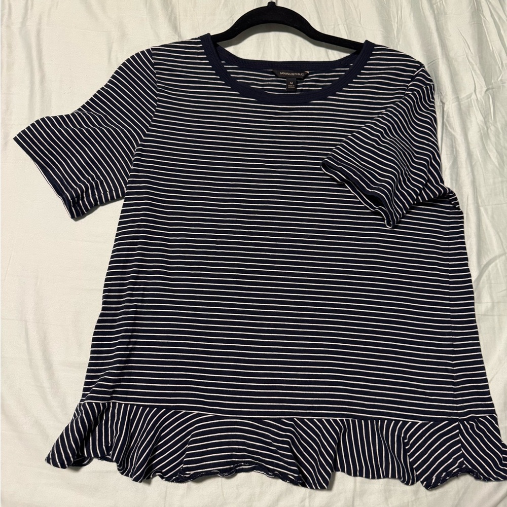 Banana Republic Blue and White Boxy Ruffled Short Sleeve Tee